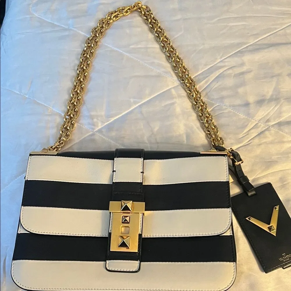 Valentino Garavani Napa Striped B-Rockstud Shoulder Bag with Gold Chain Strap